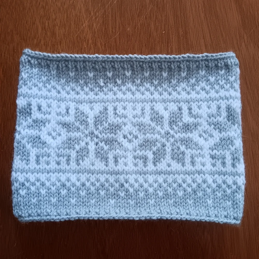 Handmade Handknit Light Gray & White Scandinavian Snowflake Motif Cowl Scarf